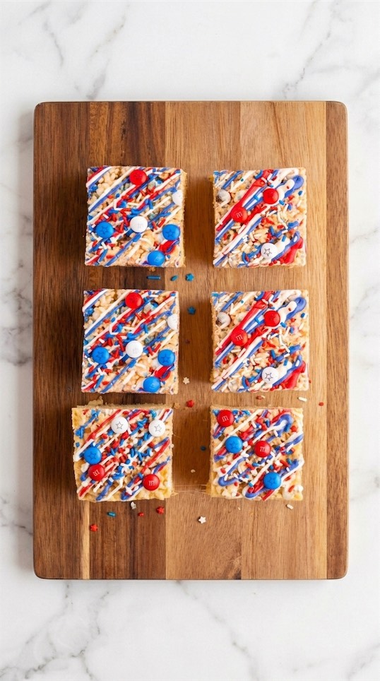 Patriotic Peanut Butter Rice Crispy Treats on wooden board