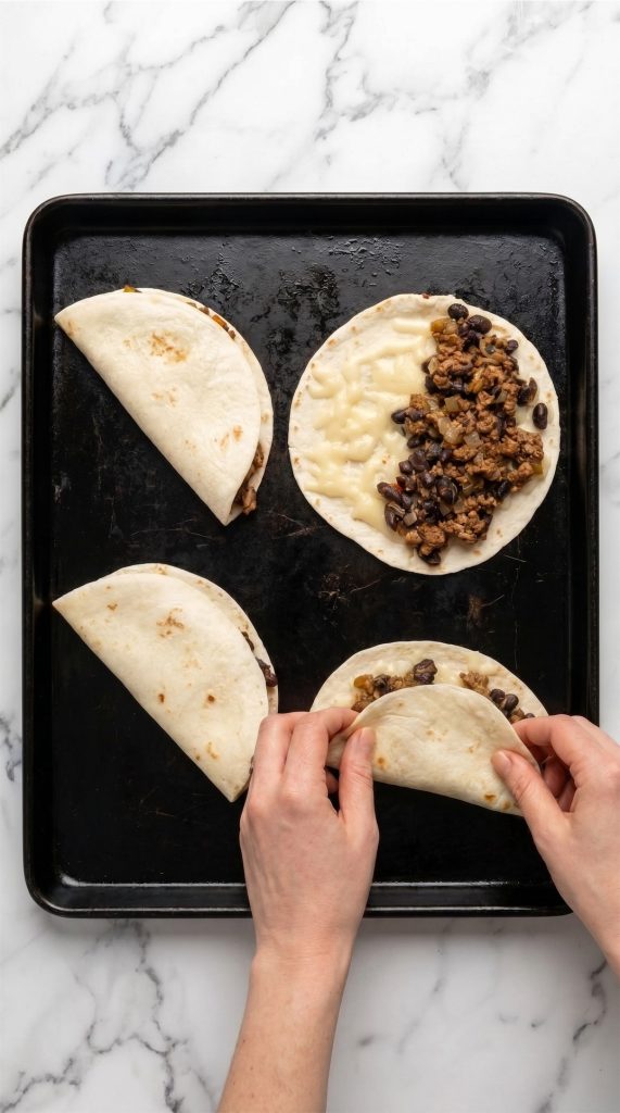 tacos being folded on black sheet pan 