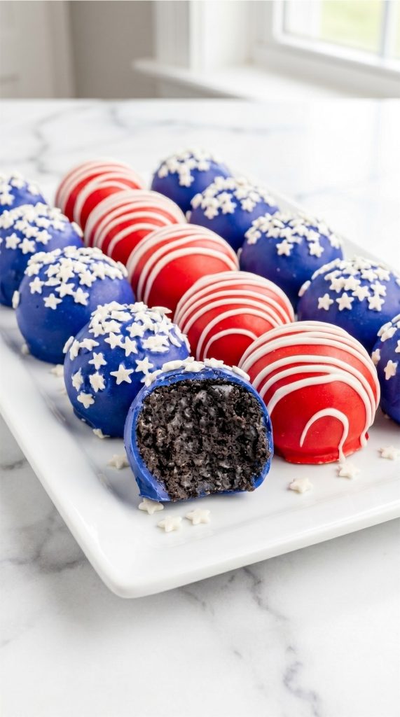 close up of patriotic oreo balls