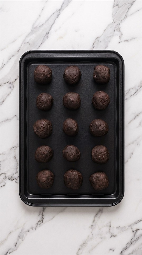 oreo balls on black baking tray