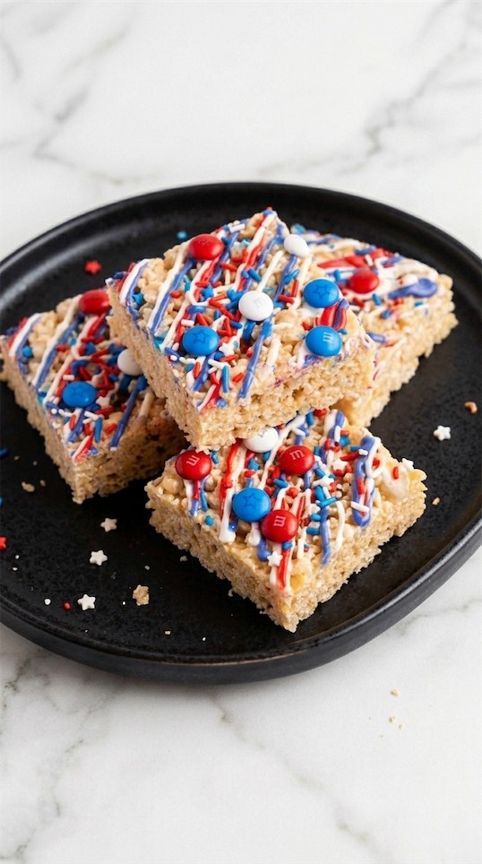 Patriotic Peanut Butter Rice Crispy Treats on black plate