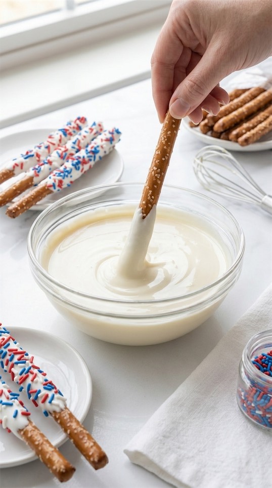 pretzels being dipped in white chocolate