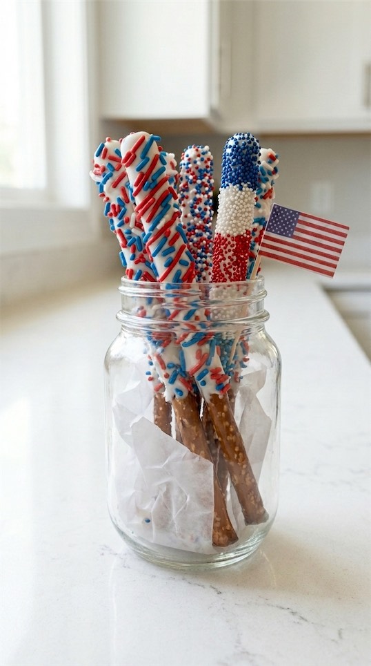 Patriotic Dipped Pretzel Rods in mason jar on kitchen counter
