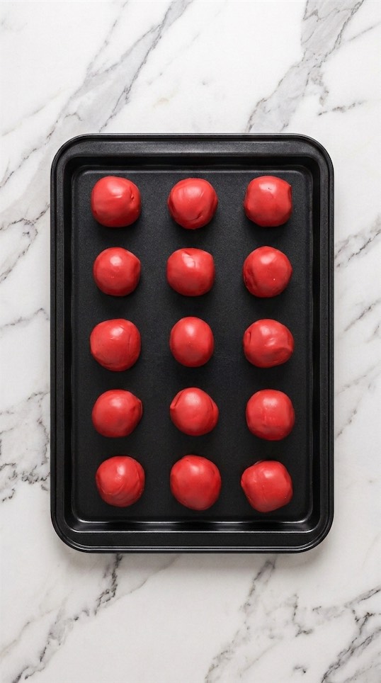 red oreo balls on black baking tray
