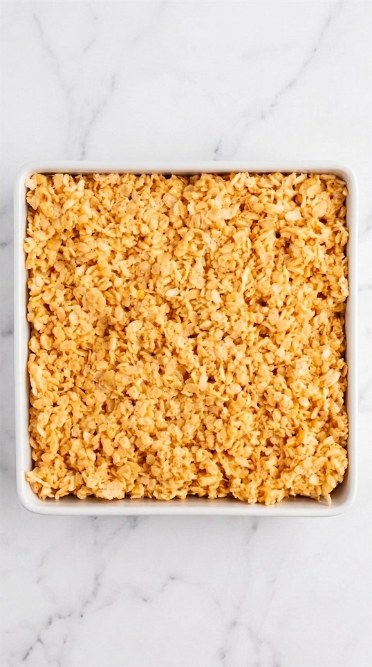 rice krispie mixture in baking dish