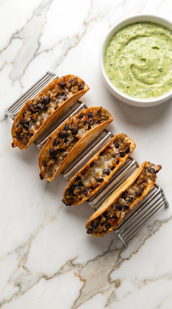 Ground Turkey Black Bean Tacos in taco rack with sauce