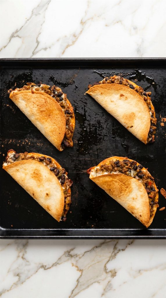 sheet pan with Ground Turkey Black Bean Tacos cooked on them