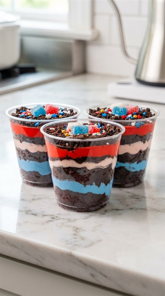 three Patriotic Oreo Dirt Cups on kitchen counter