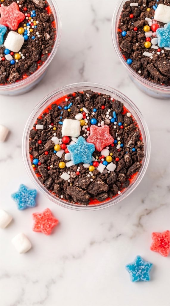 Patriotic Oreo Dirt Cups top down view