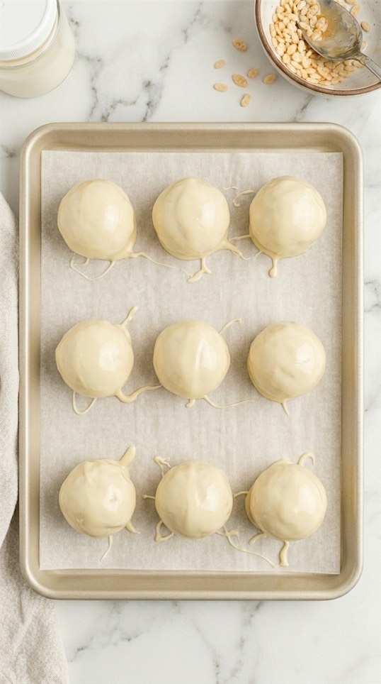 rolled rice krispie balls in white chocolate
