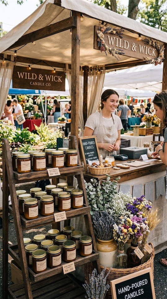farmers market stand selling candles