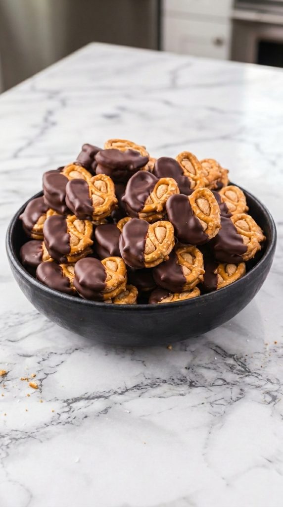 Peanut Butter Pretzel Bites in black bowl