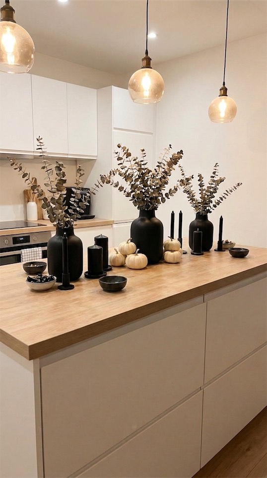 black and white halloween kitchen island decor ideas