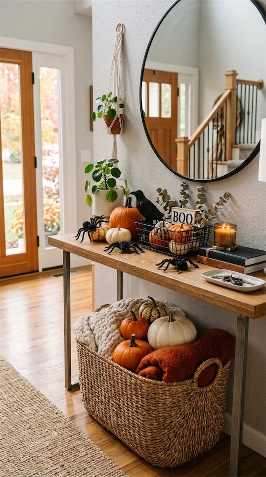 basket with blankets and pumpkins in entryway