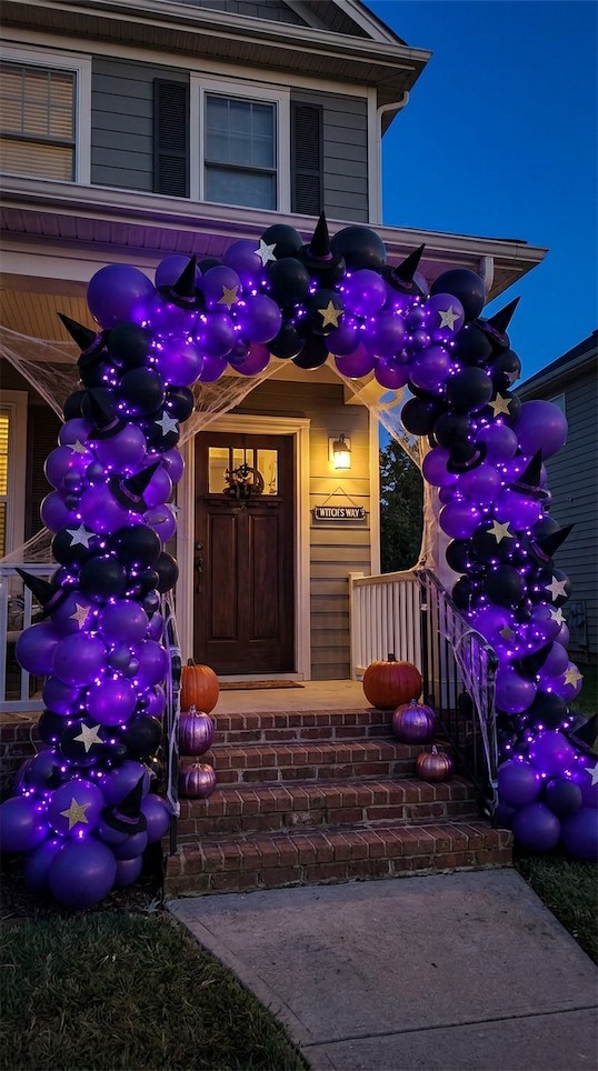 purple and black balloon arch with hats