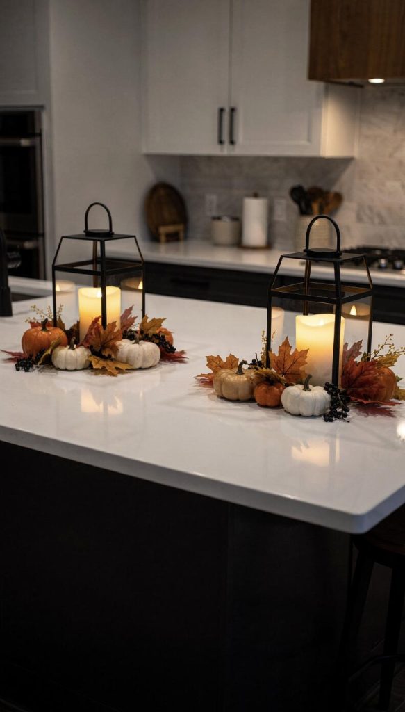 fall style lanterns on kitchen island