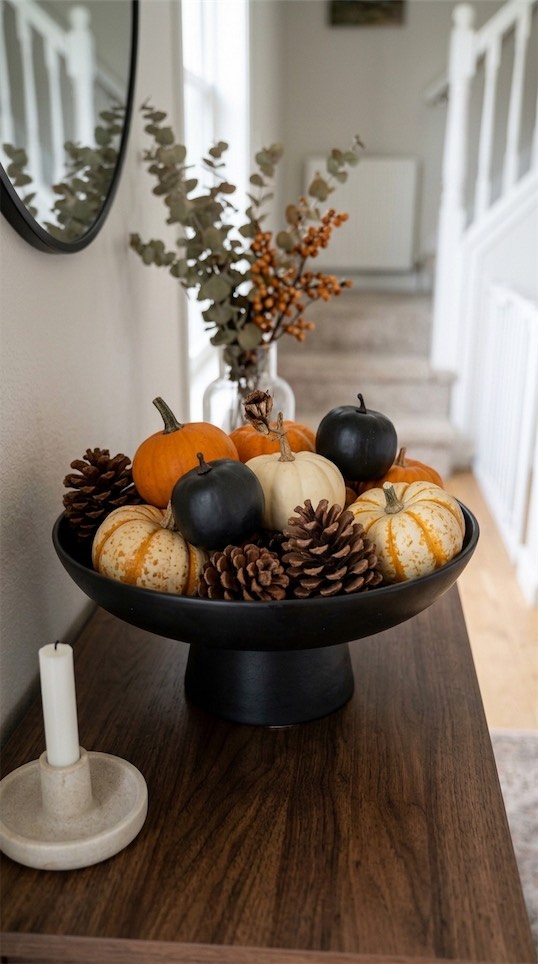 black bowl with mini pumpkins and pinecones