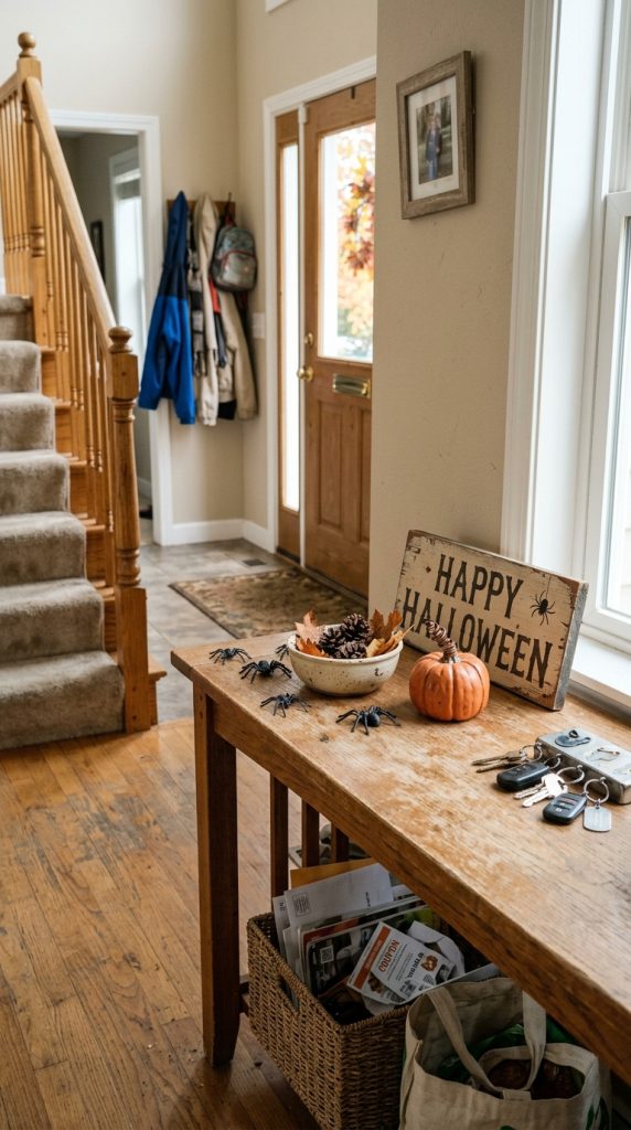 one side of Halloween Entryway Table decorated