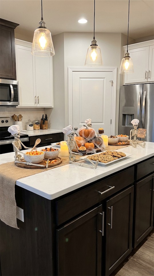 Skeleton chefs on kitchen island