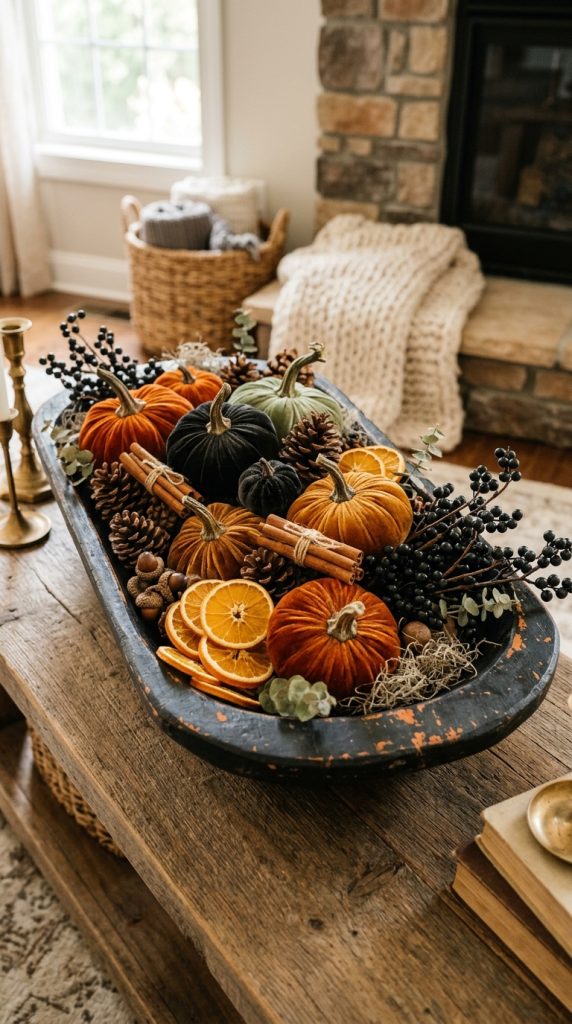 dough bowl filled with orange pumpkins