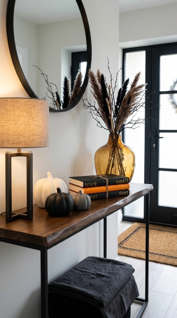 book on halloween entryway table