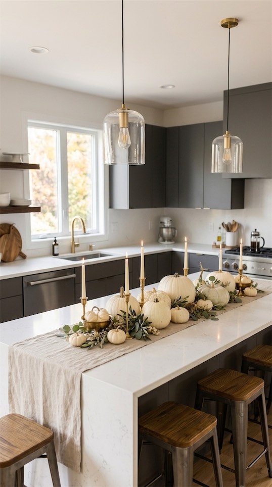 white pumpkins on linen runner