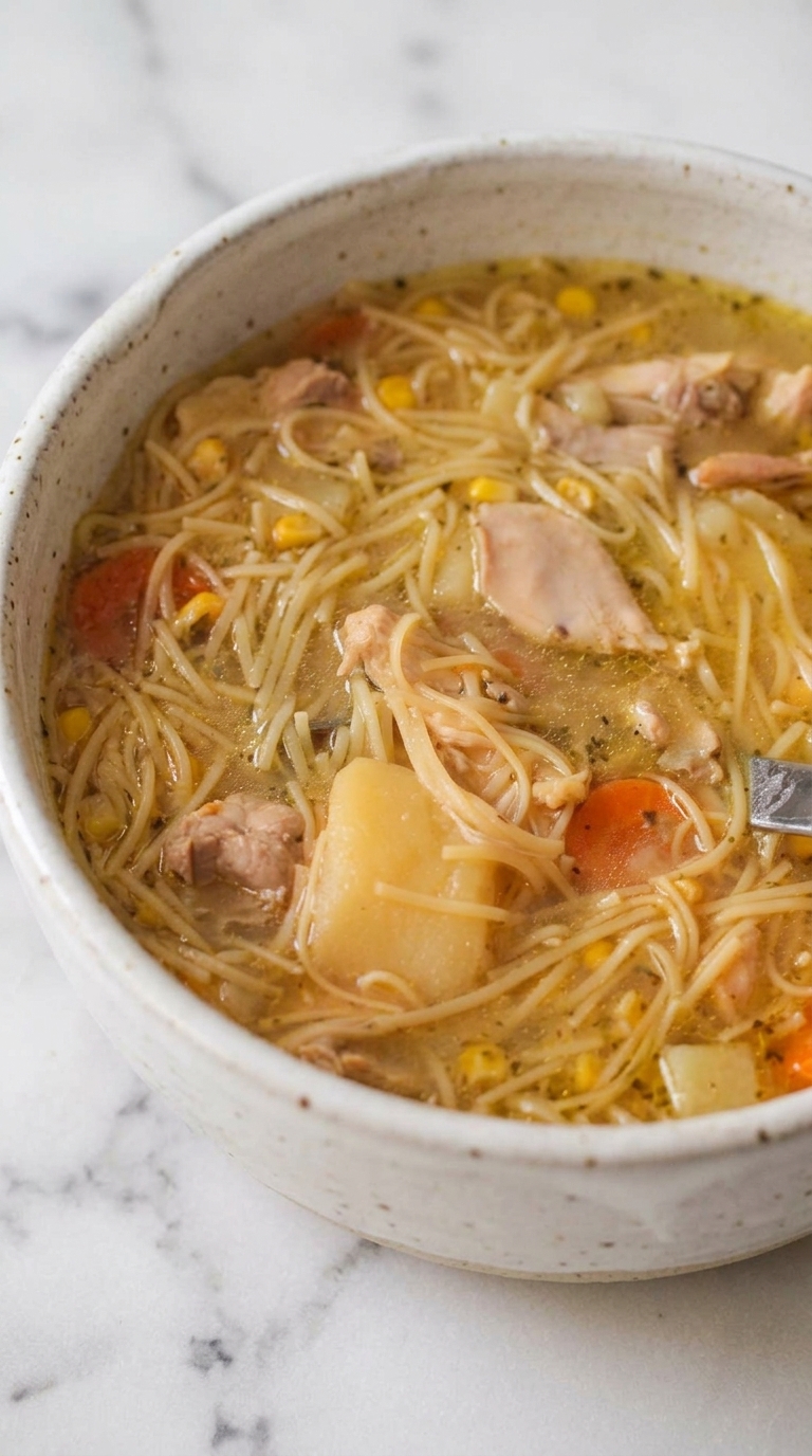 This Sopa de Pollo is a comforting one-pot dinner built on seared chicken thighs and drumsticks, a sofrito-spiked broth, and tender egg noodles studded with potatoes and carrots