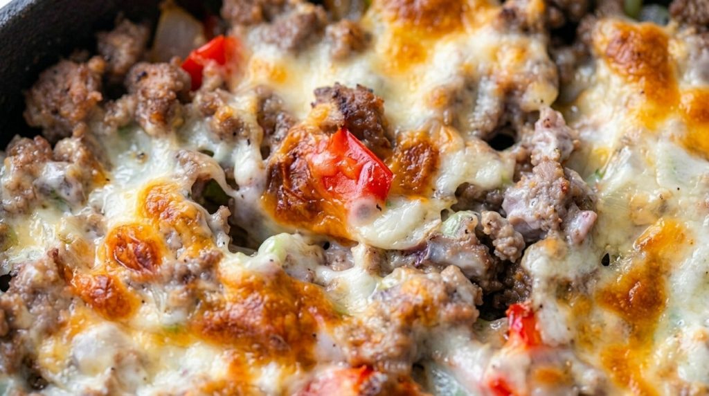 close up of baked beef cheesesteak casserole in skillet