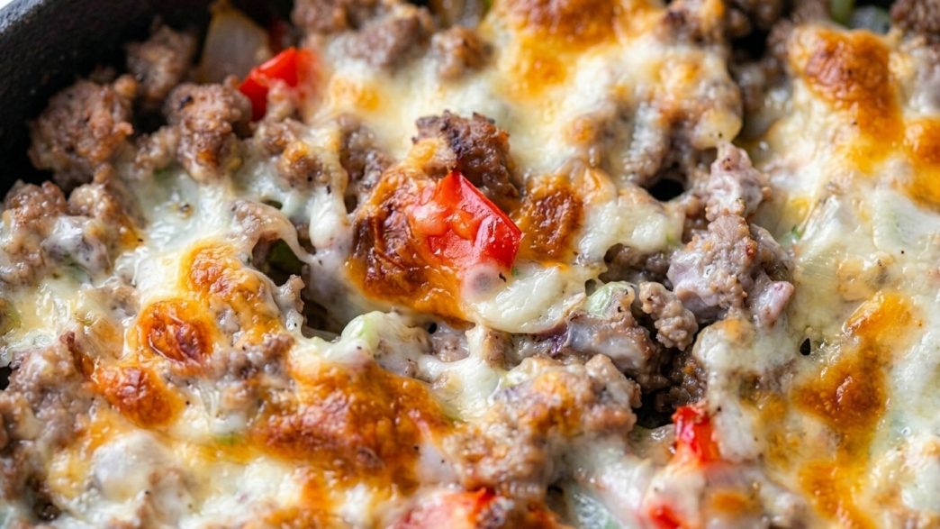 close up of baked beef cheesesteak casserole in skillet