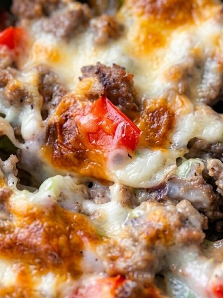 close up of baked beef cheesesteak casserole in skillet