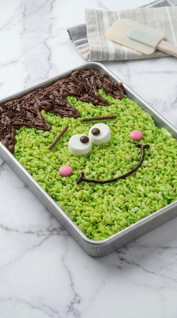 Giant Frankenstein Rice Krispie Treat Cake (No Bake)