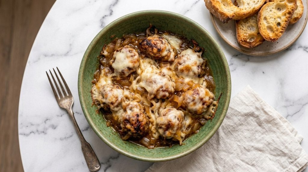 French Onion Meatballs With Gruyère and Onion Gravy