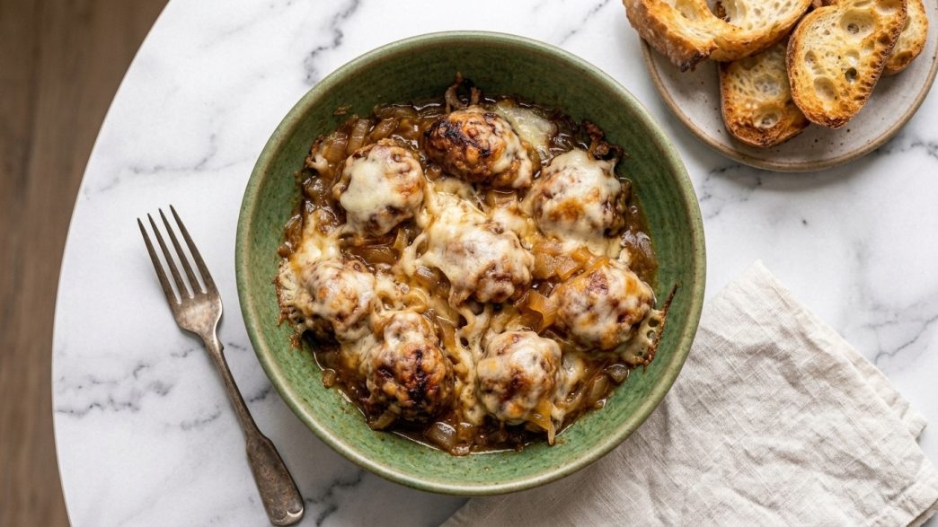 French Onion Meatballs With Gruyère and Onion Gravy