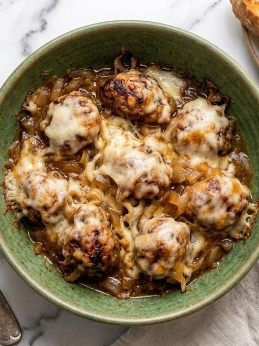 French Onion Meatballs With Gruyère and Onion Gravy
